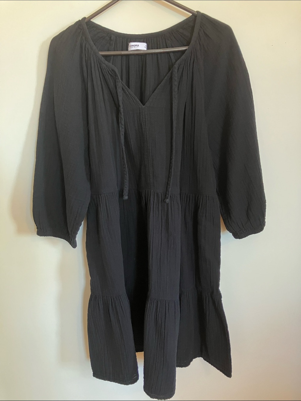 Sonoma Black Peasant Tunic Dress with Tie Neck